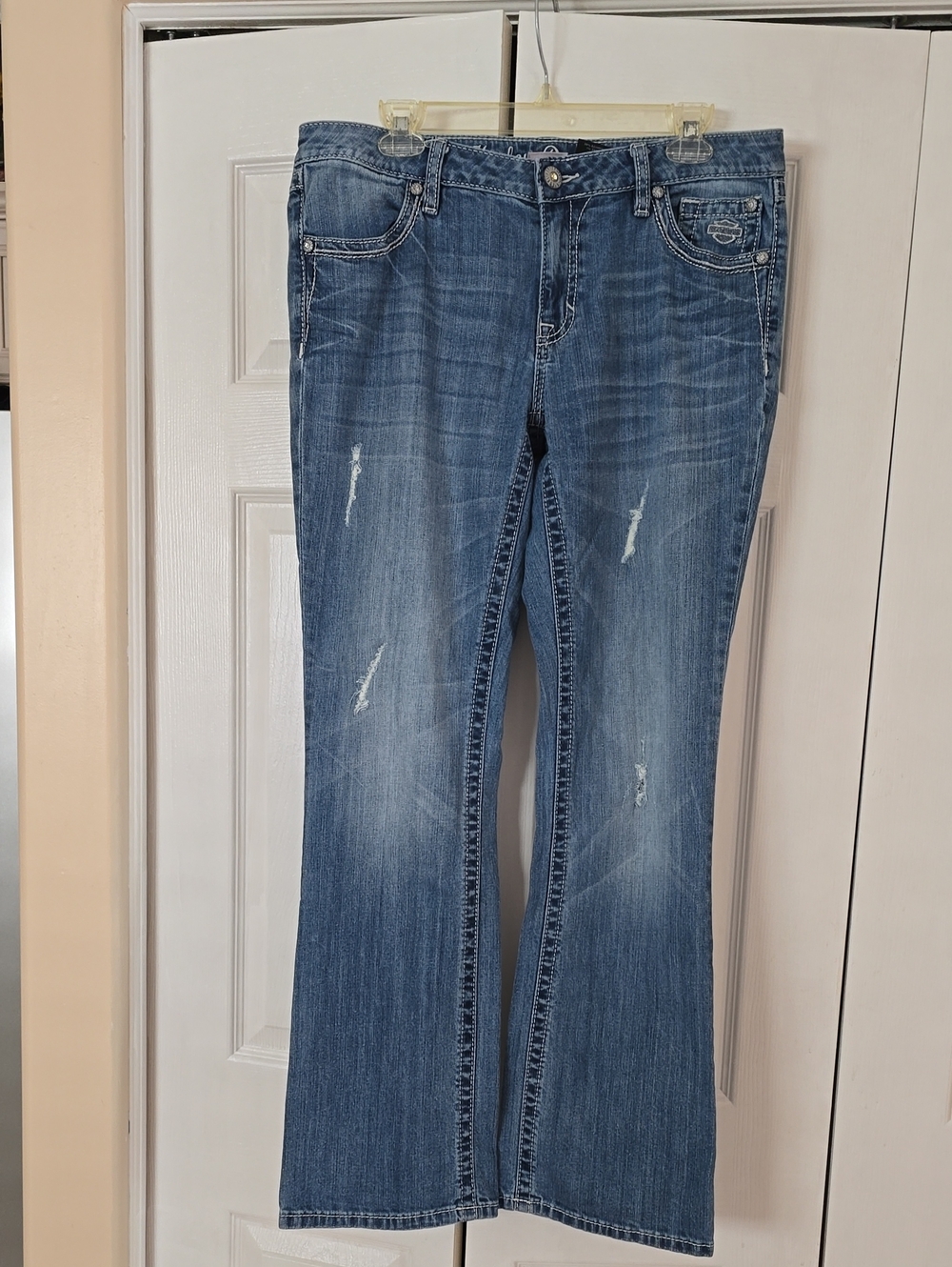 Womens Size 12 Harley-Davidson Medium Blue Flare Jeans with Subtle Distress